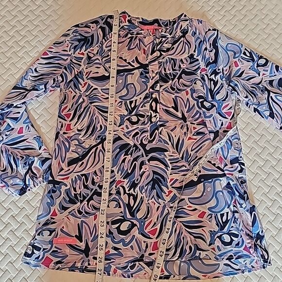 Simply Southern -671 Peasant Blouse Palm Leaves Long Sleeve Pink Blue Size Small - Picture 5 of 7
